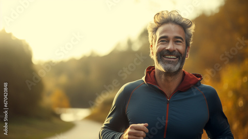 Mature men enjoy running in nature at the morning.