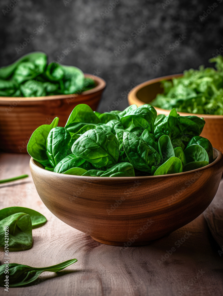 Wooden bowl with fresh spinach leaves on dark rustic wooden background. Vegan food lifestyle concept. Copy space. Wooden bowl with fresh spinach leaves on dark rustic wooden background. Vegan food lifestyle concept. Copy space.