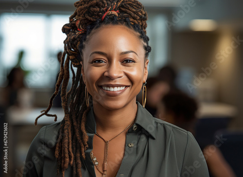 Smiling portrait of young African-American woman with dreadlocks at her office.