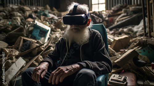 An old man wears VR glasses amidst the ruins.