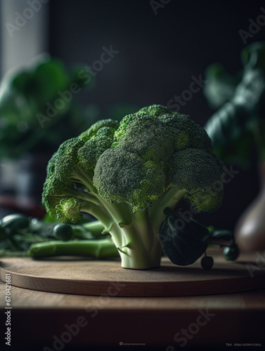 Fresh green broccoli on a dark brown background