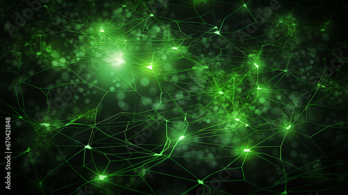 green abstract background with a network grid and particles connected
