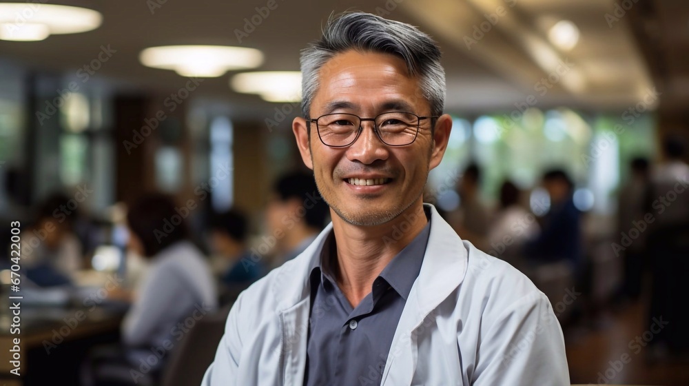 Portrait of a middle-aged doctor against the background of a hospital. Doctor at workplace with ai generative Portrait of a middle-aged doctor against the background of a hospital. Doctor at workplace with ai generative