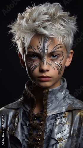 Studio portrait of boy with evil make up on dark background. AI generative