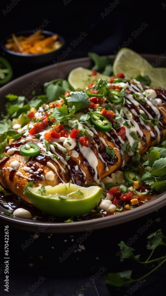 Close up Mexican flat enchiladas with vegetable chunks and greens in iron pot on dark background. AI generated Close up Mexican flat enchiladas with vegetable chunks and greens in iron pot on dark background. AI generated