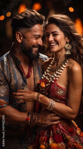 Dancing Indian couple, wearing in traditional clothes, celebrating Indian Festival Diwali. AI generated