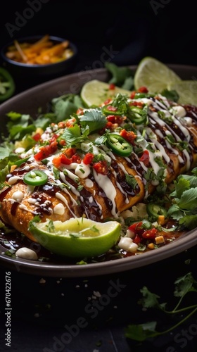 Close up Mexican flat enchiladas with vegetable chunks and greens in iron pot on dark background. AI generated