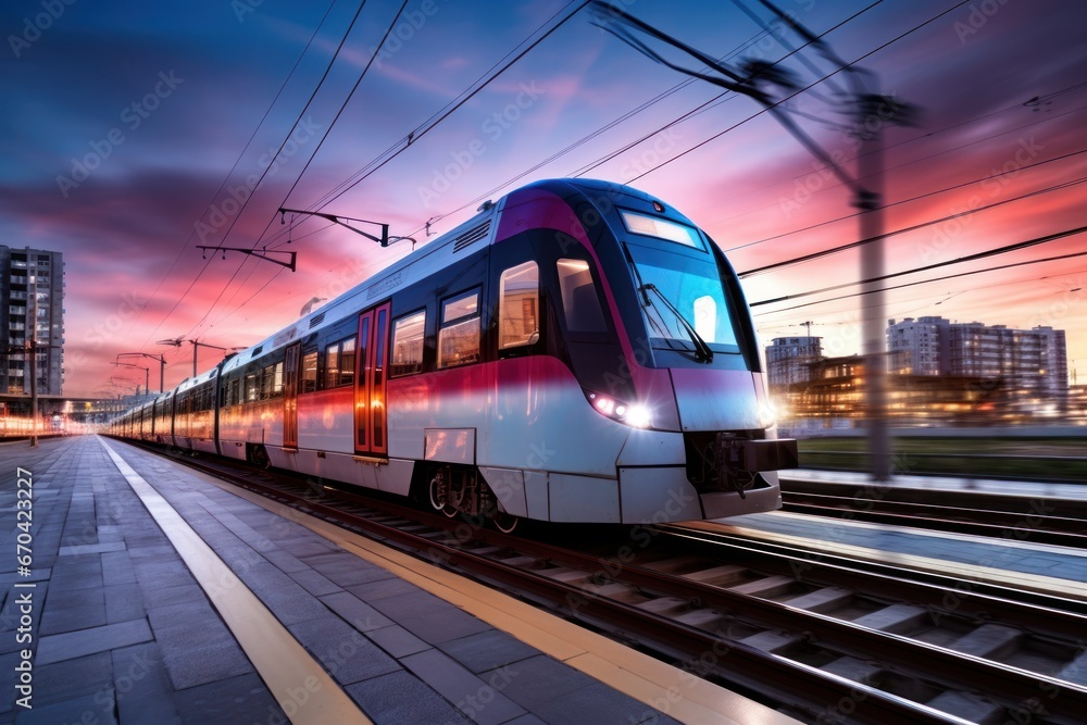 Fototapeta premium Electric passenger trains travel at high speed.