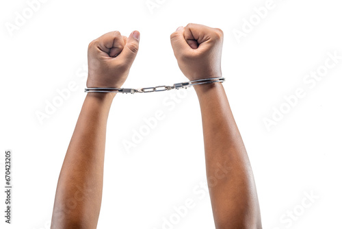 Arrested man with a handcuff on his hand