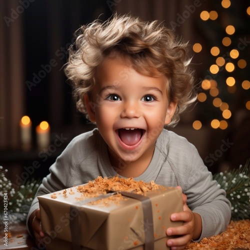 Happy kid boy with gift box on party backgraund. AI generation