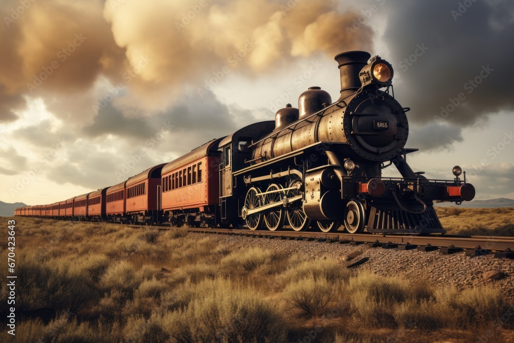 Vintage steam train with vintage locomotive and old carriages running on railway tracks in countryside wide angle lens. - obrazy, fototapety, plakaty 