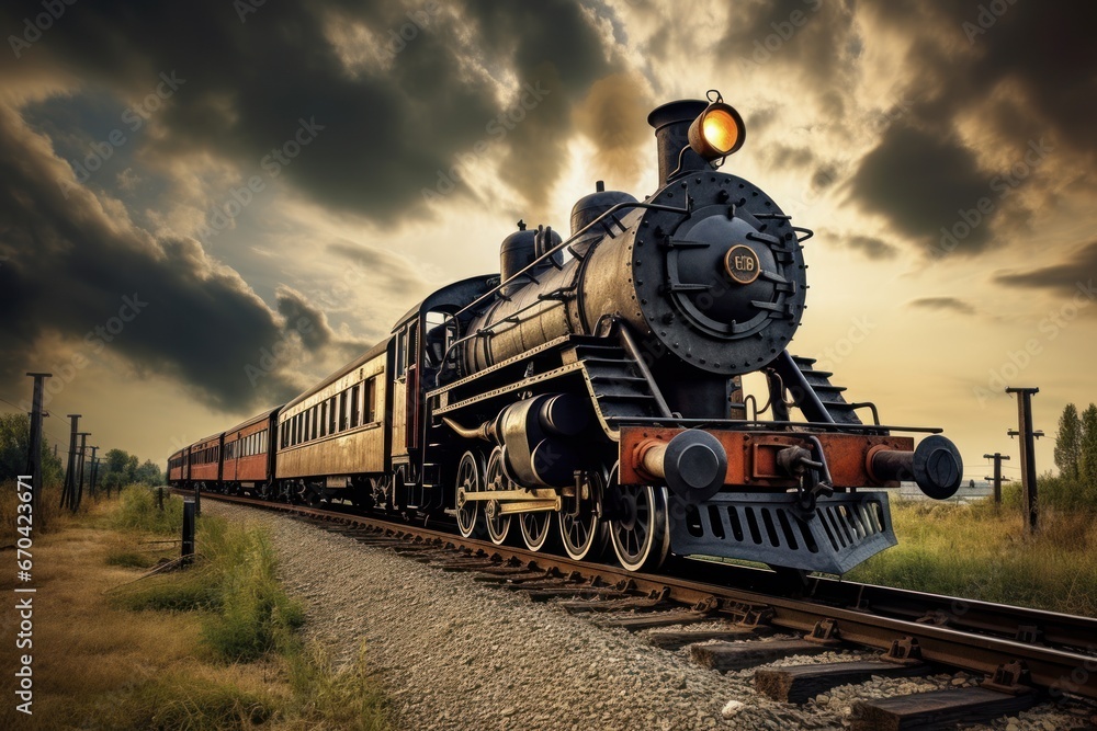 Naklejka premium Vintage steam train with vintage locomotive and old carriages running on railway tracks in countryside wide angle lens.
