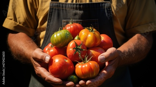 Agricultural hands showing harvested heirloom tomatoes
