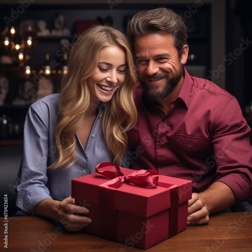 Happy couple with gift box at home. AI generative