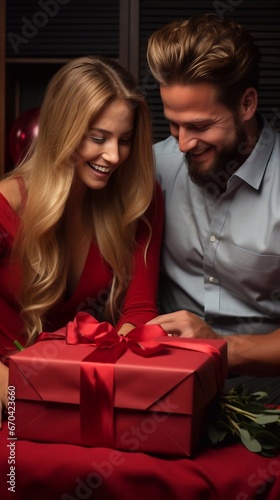 Happy couple with gift box on dark background. AI generative