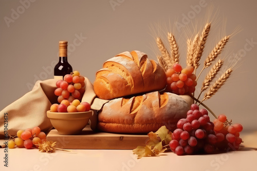 Thanksgiving Gathering With Bread, Grapes, And Wheat
