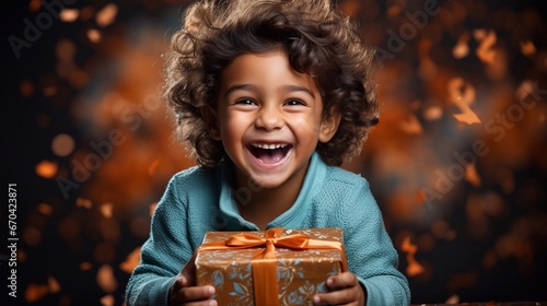 Portrait of smilling kid boy with gift box in hands. AI generated