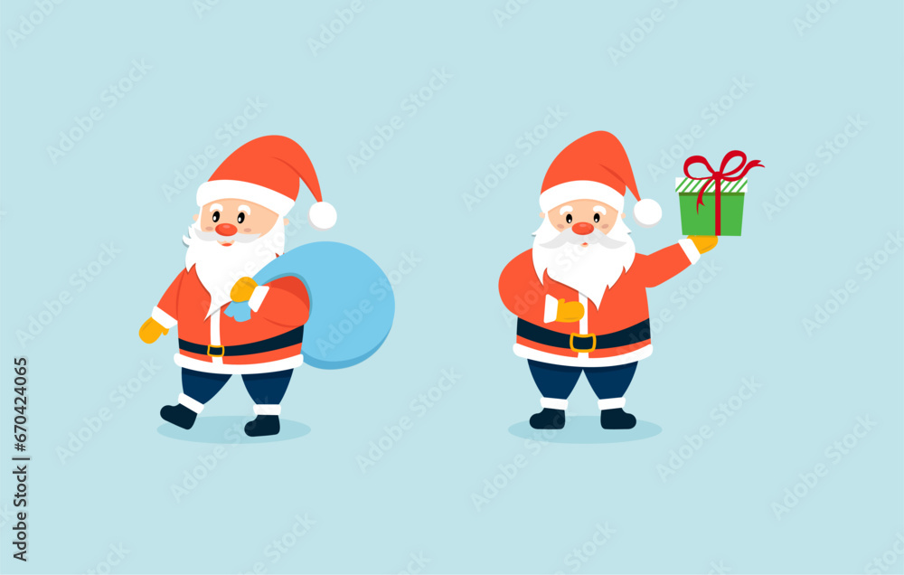 Cute simple Santa Claus vector cartoon icon illustration. Happy smiling Santa standing and walking with gifts. Traditional Christmas winter holiday design element for greeting cards Cute simple Santa Claus vector cartoon icon illustration. Happy smiling Santa standing and walking with gifts. Traditional Christmas winter holiday design element for greeting cards