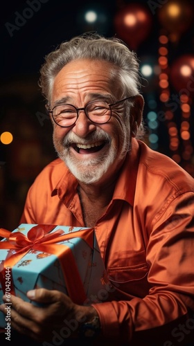 Happy elderly man with gift box on party background. AI generation