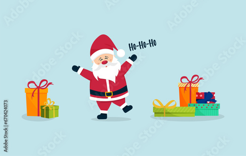 Happy Santa Claus waving and wishes happy holidays isolated on a blue background. Happy Santa with gift boxes small set