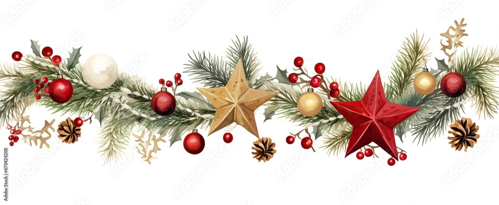 Christmas and New Year wreath garland made of naturalistic looking pine branches with red berries and cones. Christmas and New Year wreath garland made of naturalistic looking pine branches with red berries and cones.