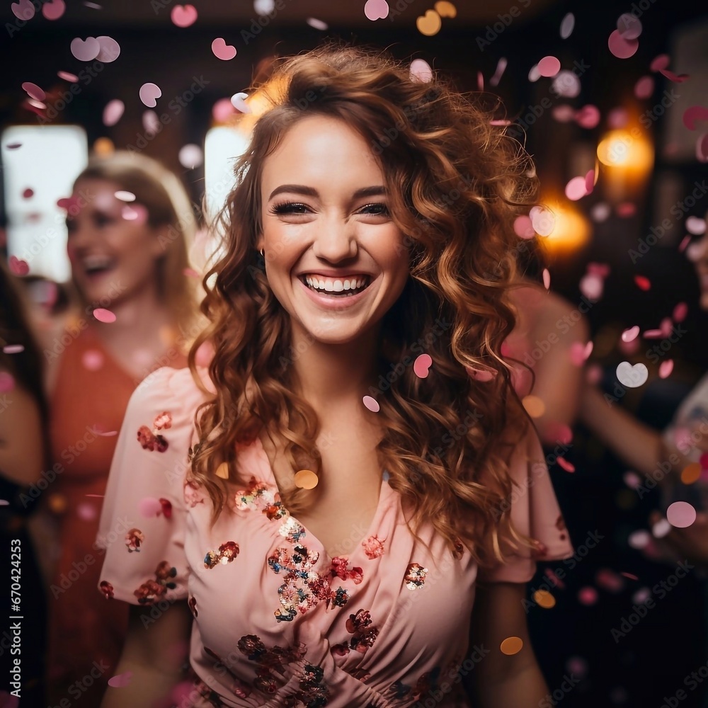 Portrait of Happy young girl in celebrates at a birthday party among confetti. AI generated