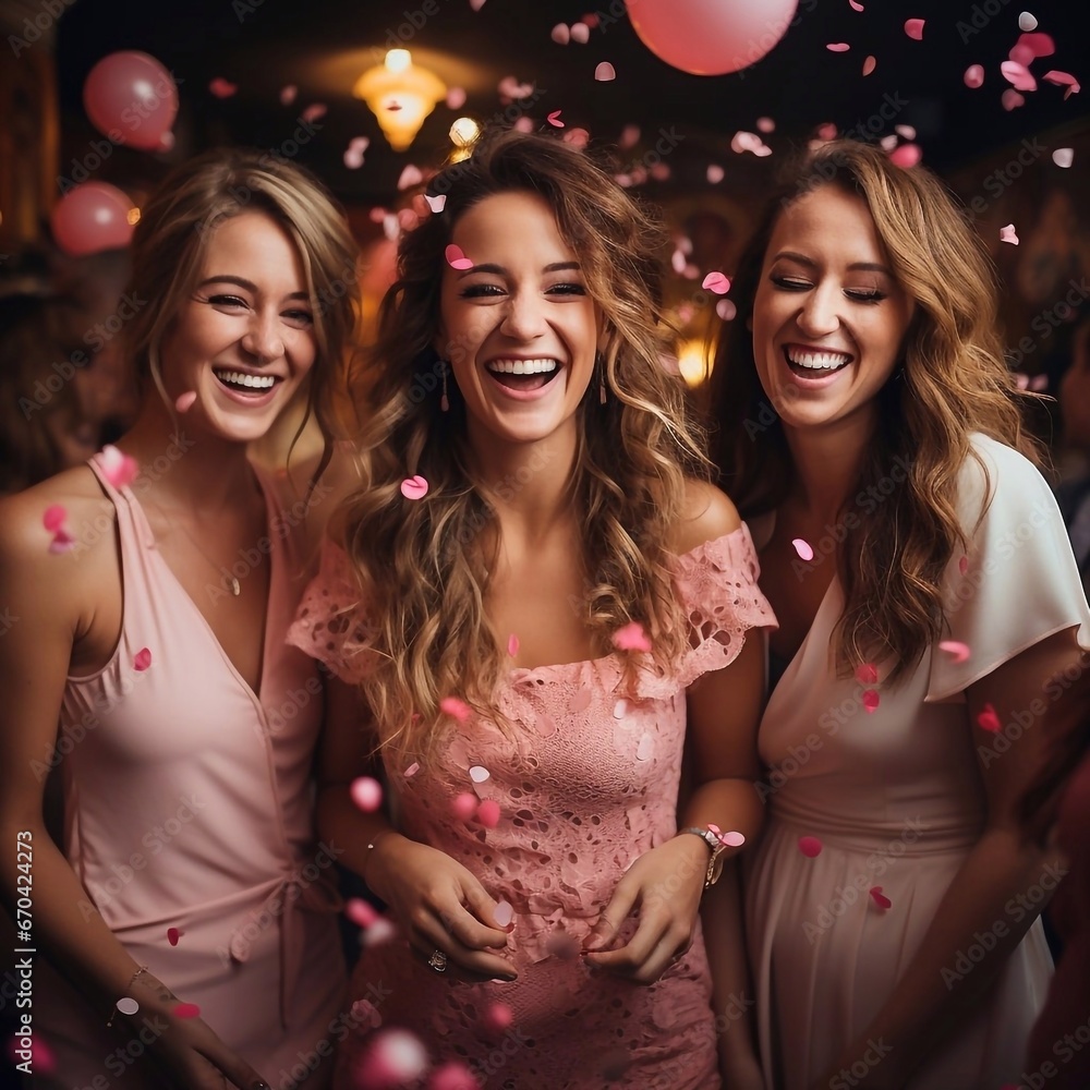 Φωτογραφία Portrait of Happy young girls in celebrates at a birthday party among confetti