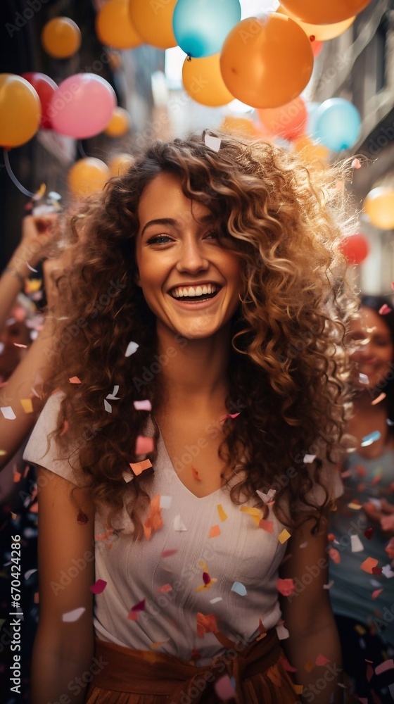 Happy beautiful woman at a graduation party among confetti. AI generated Happy beautiful woman at a graduation party among confetti. AI generated