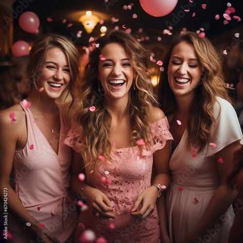  Portrait of Happy young girls in celebrates at a birthday party among confetti. AI generated