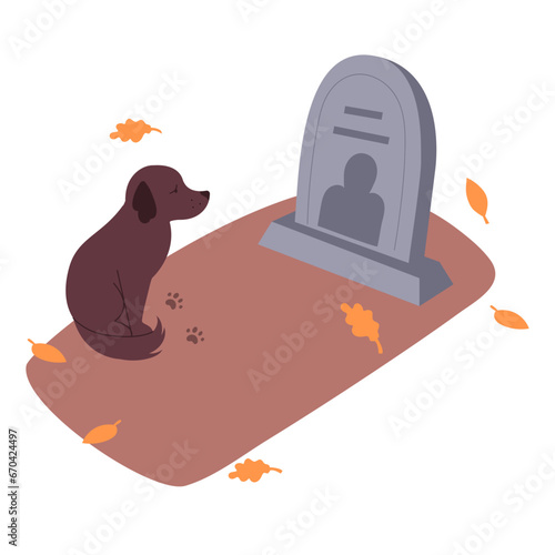 Lonely dog sitting sad at the burial. Concept of loss and grief. Dog in the cemetery. Cartoon vector illustration loss of friend.