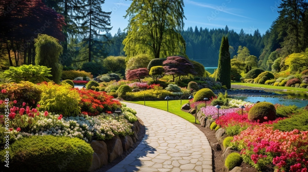 Obraz premium road in the garden ,garden full with flowers generated by AI tool 
