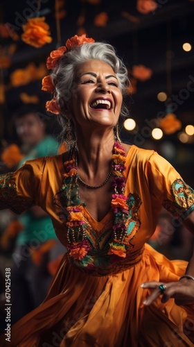  Portrait of dancing Indian older woman, wearing in traditional clothes on dark background. Celebrating Indian Festival Diwali. AI generated © tanchy25