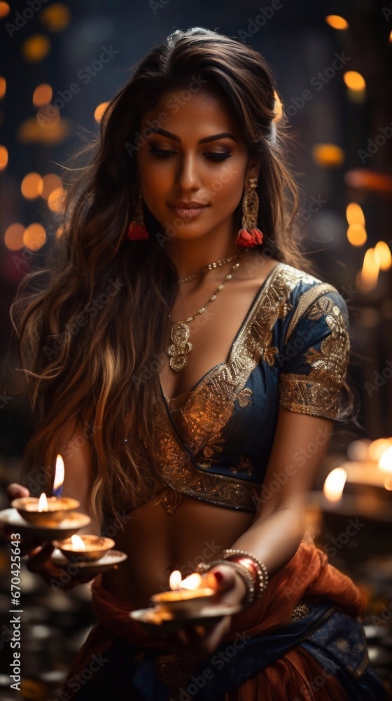 Portrait of Indian beautiful girl, wearing in traditional clothes, with candles in hands. Celebrating Indian Festival Diwali. AI generated Portrait of Indian beautiful girl, wearing in traditional clothes, with candles in hands. Celebrating Indian Festival Diwali. AI generated