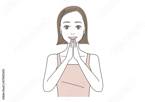 手と手を合わせて喜んでいる表情の女性