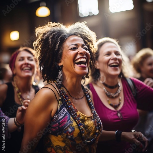 Happy elderly women enjoying a dance class, expressing their active lifestyle. AI generation