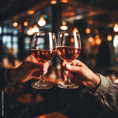 illustration of Hands holding glasses_of wine on restaurant backgroud, Generative ai