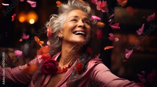  Portrait of a smilling elderly woman surrounded by flying rose petals. Copy paste text. AI generated