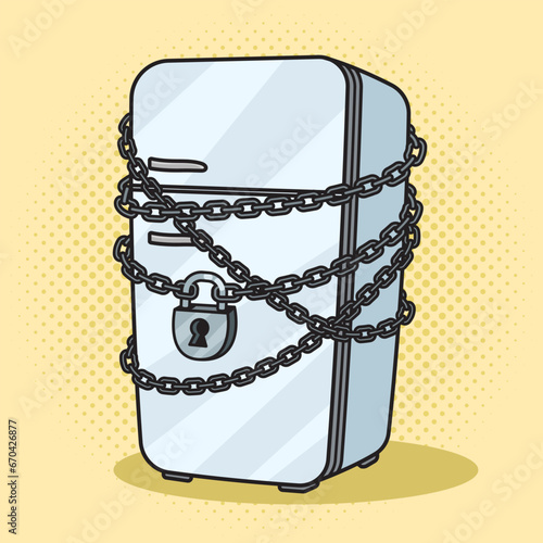 refrigerator with chains on lock pop art retro hand drawn vector illustration. Comic book style imitation.