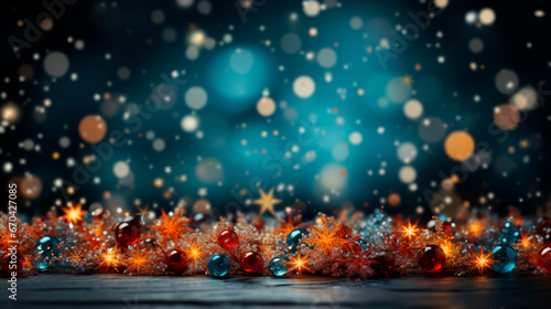 New Year's festive background with decorative balls, stars and snowflakes. Christmas background