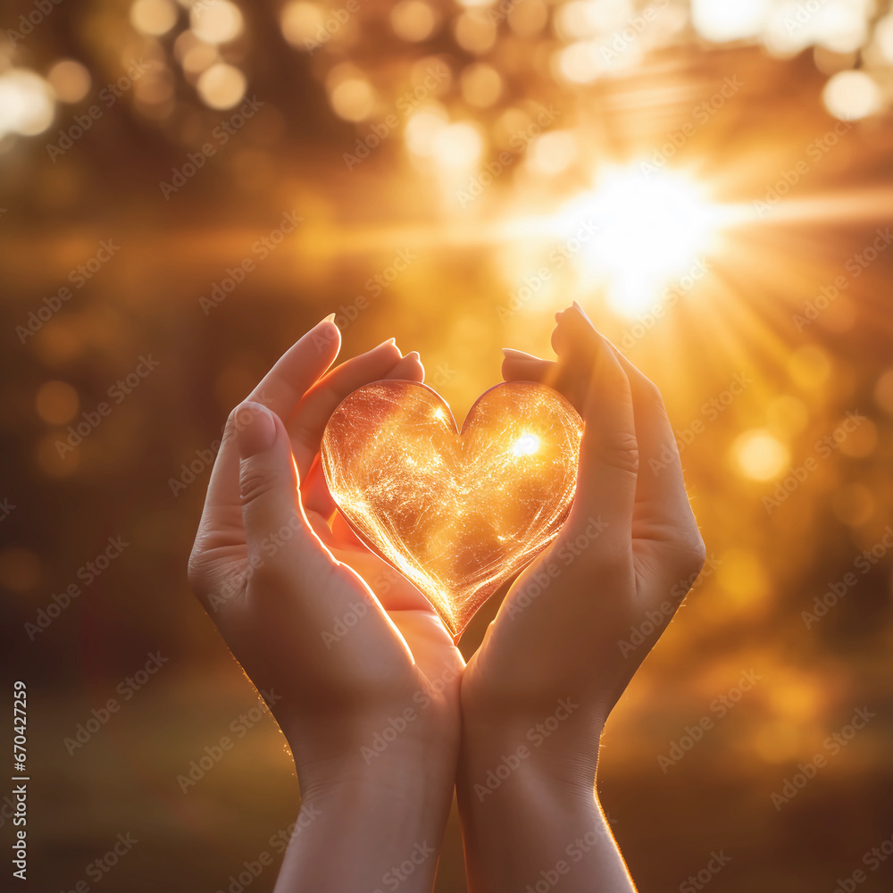 Hands making sign Heart by fingers and sunlight. Love concept on Valentine day, Happiness moment, Health care, donate, family insurance, World heart day, Health day, Hope, Kindness. Generative AI. Hands making sign Heart by fingers and sunlight. Love concept on Valentine day, Happiness moment, Health care, donate, family insurance, World heart day, Health day, Hope, Kindness. Generative AI.