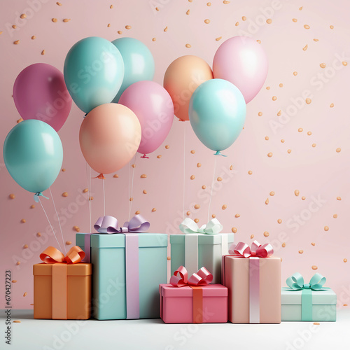 New year, Anniversary and Birthday party decoration, Party background, Colorful pastel balloons, confetti and gift boxes, generative Ai © Sunshinemeee
