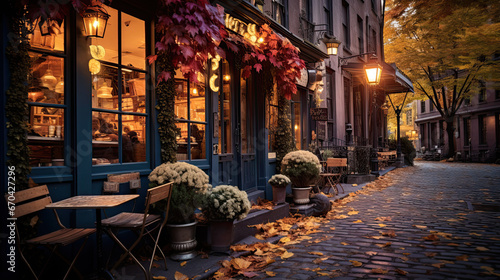 coffeeshop on a cobblestone street in New York City during Autumn photo