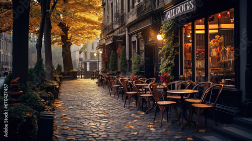 coffeeshop on a cobblestone street in New York City during Autumn