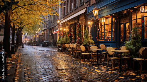 coffeeshop on a cobblestone street in New York City during Autumn © Ziyan