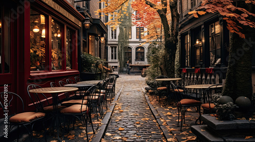 coffeeshop on a cobblestone street in New York City during Autumn © Ziyan