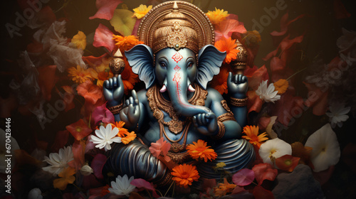 Lord Ganesha is surrounded by flowers © Anaya