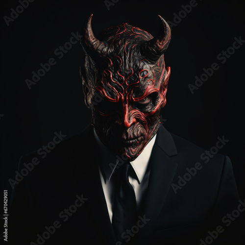 Man in devil mask on black background