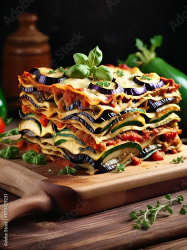 Traditional roasted vegetable lasagna with layers of eggplant and zucchini on a rustic wooden board  Italian cuisine food