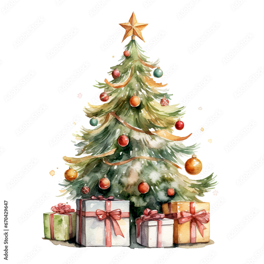 watercolor of Christmas tree with presents