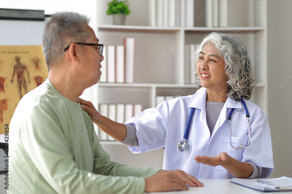 Senior health care concept. Doctor with patient in medical office. Retired man sits in a hospital examination room while discussing his health with a doctor. Senior health care concept. Doctor with patient in medical office. Retired man sits in a hospital examination room while discussing his health with a doctor.